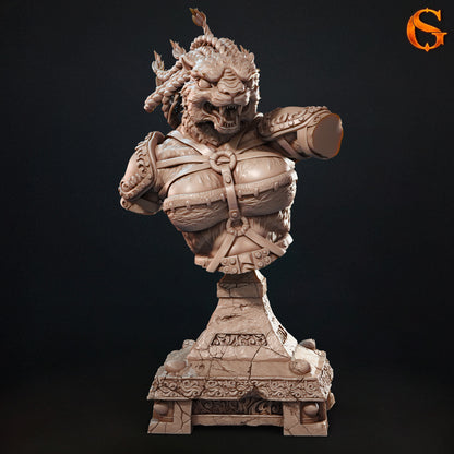 Front view render of the Fariba Khaz lioness-centaur display bust mounted on an ornate, cracked stone pillar pedestal.