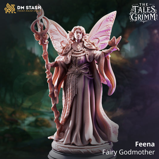 Feena Fairy Godmother resin display miniature by DM Stash holding a magic staff with butterfly on hand.