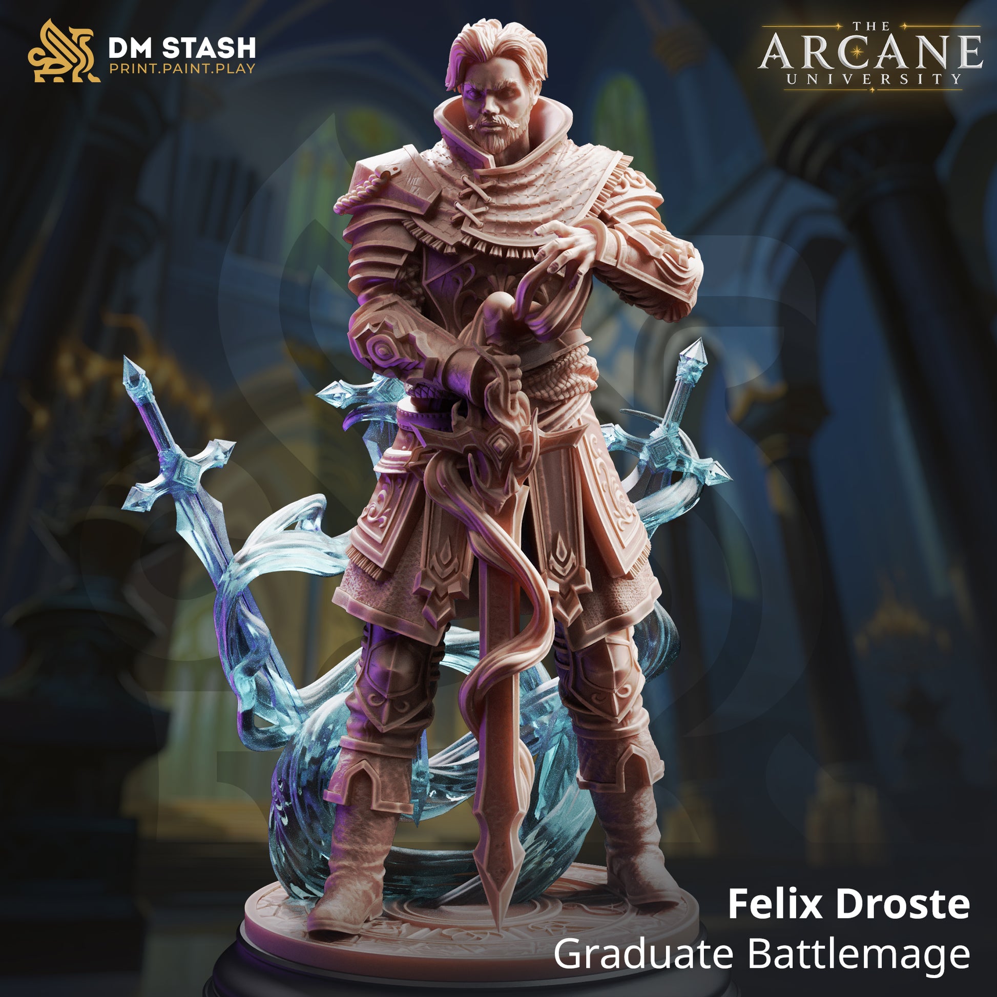 Felix Droste Graduate Battlemage 3D printed resin miniature by DM Stash, featuring an armored human wizard holding a greatsword with floating magic blades.