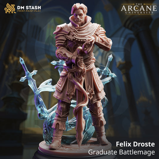 Felix Droste Graduate Battlemage 3D printed resin miniature by DM Stash, featuring an armored human wizard holding a greatsword with floating magic blades.