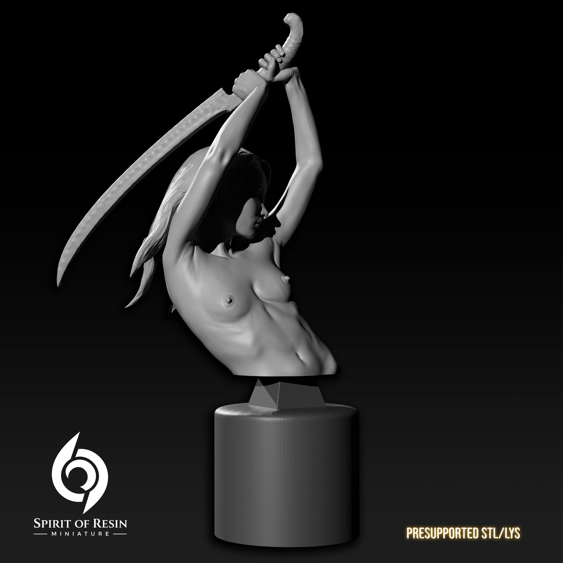 Three-quarter front left view of the female warrior resin display bust on its pedestal stand.