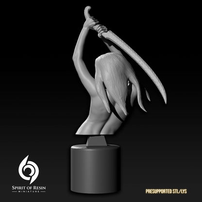 Rear view render of the adult female warrior bust showing back anatomy and sculpted flowing hair.