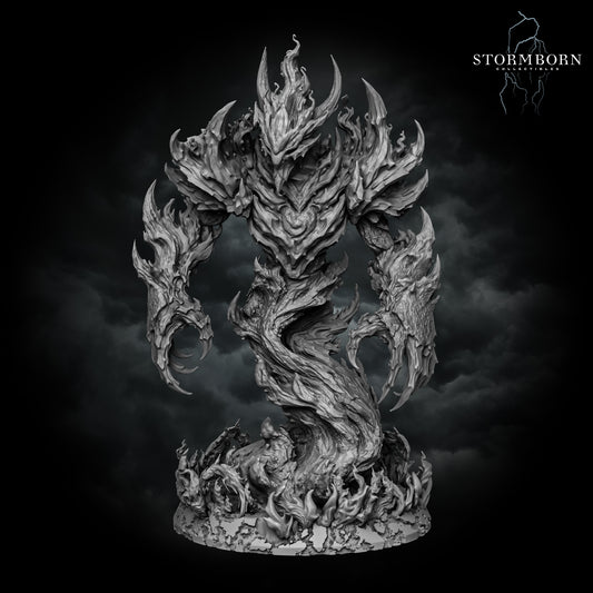 Front view of the Fire Elemental showing its molten body, flame crown, jagged shoulders, and clawed hands.