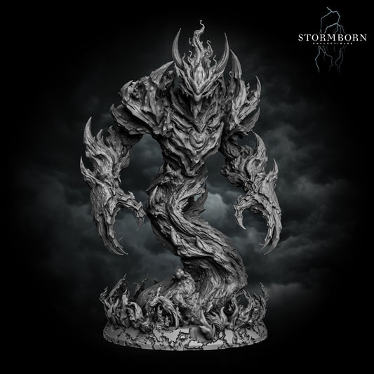 Fire Elemental Medium creature with jagged magma-like armor, clawed hands, and swirling sculpted flames.