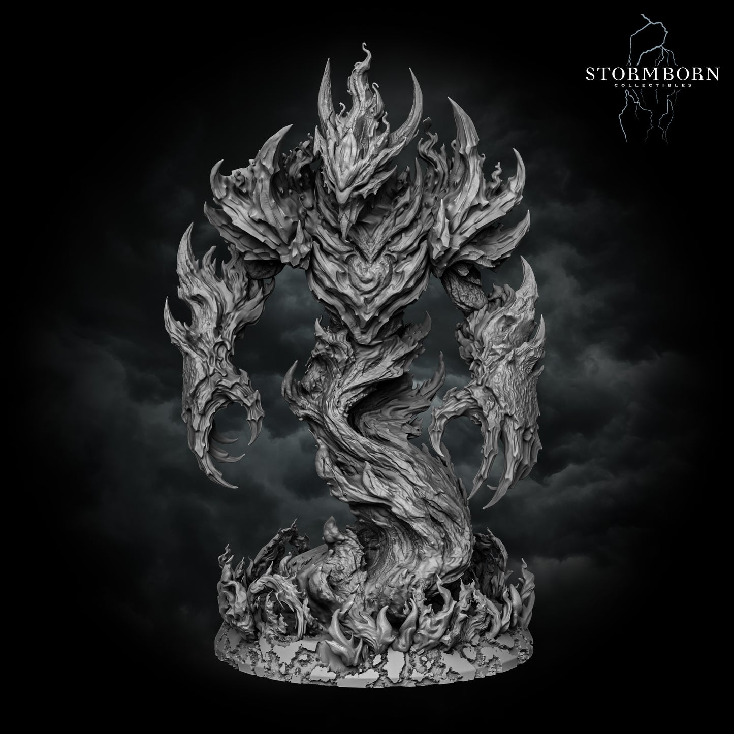 Straight-on front render of the unpainted Fire Elemental miniature, highlighting its crown of fire and spiky flame pauldrons.