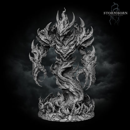 Straight-on front render of the unpainted Fire Elemental miniature, highlighting its crown of fire and spiky flame pauldrons.