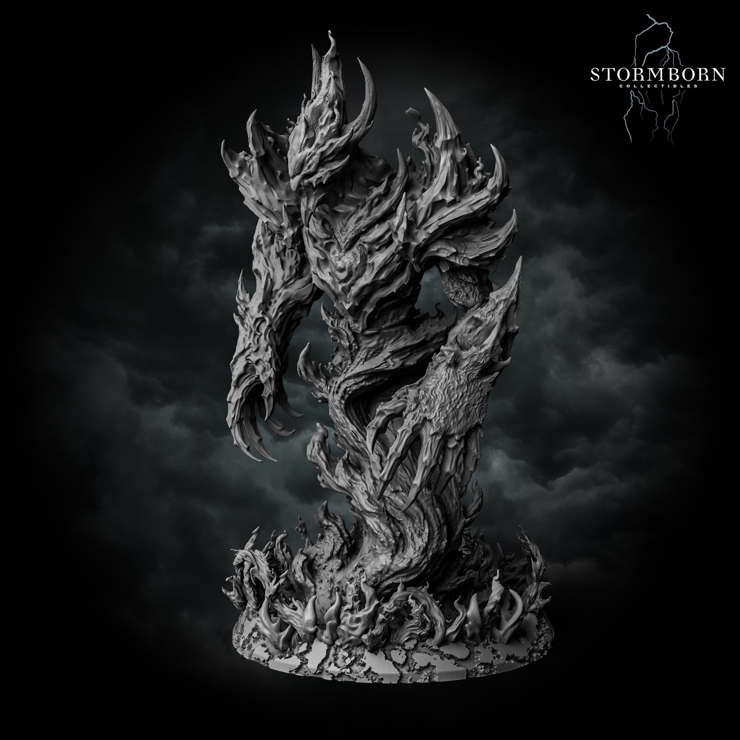 Left profile render of the unpainted Fire Elemental showing the textured back flames and the jagged form of its left arm.