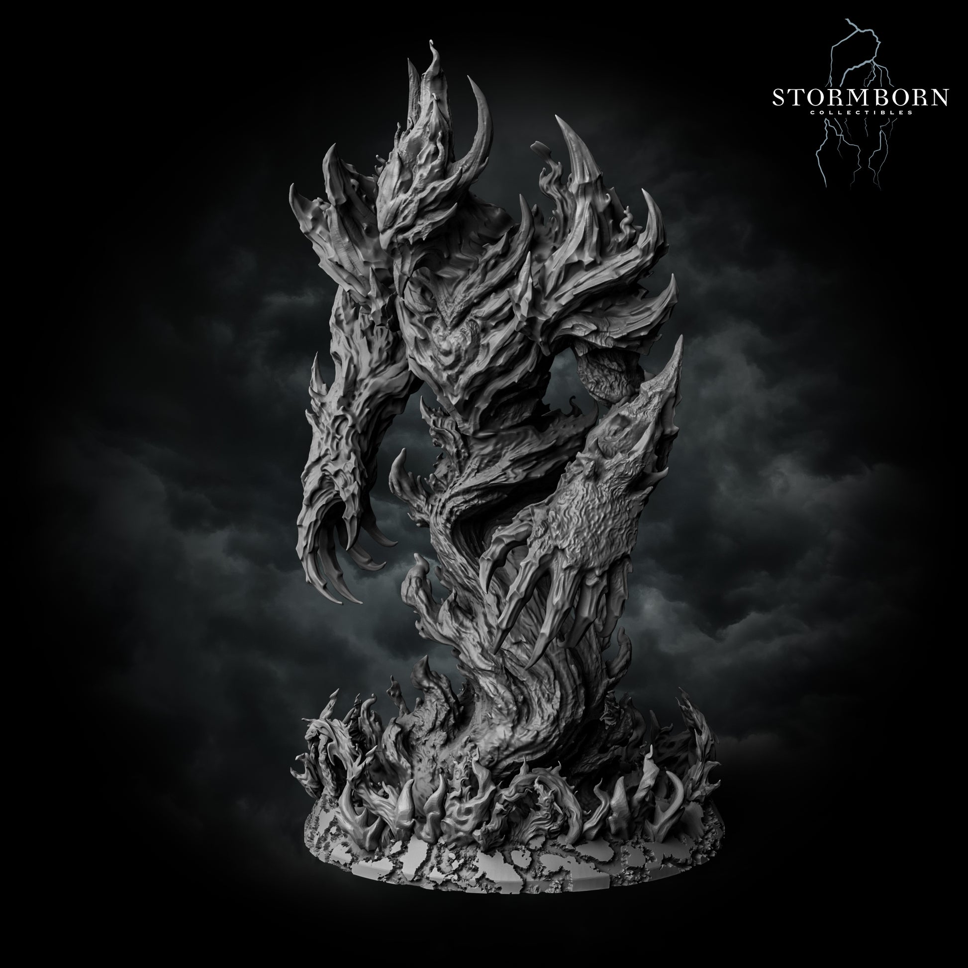Left profile render of the unpainted Fire Elemental showing the textured back flames and the jagged form of its left arm.