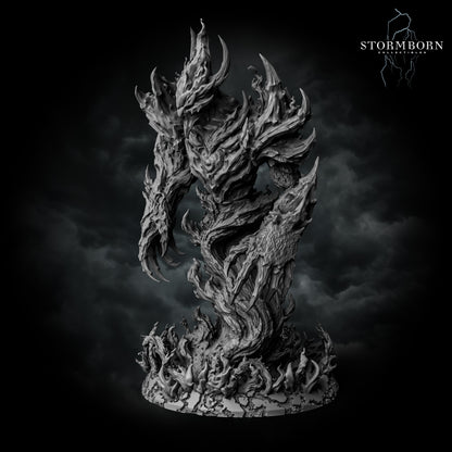 Left profile render of the unpainted Fire Elemental showing the textured back flames and the jagged form of its left arm.