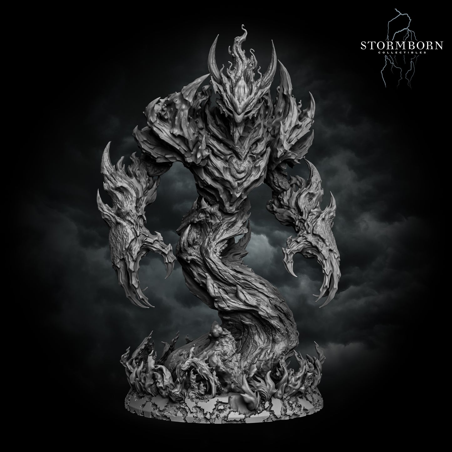 Front-right three-quarters render of the unpainted gray resin Fire Elemental miniature showing its swirling flame body and clawed hands.