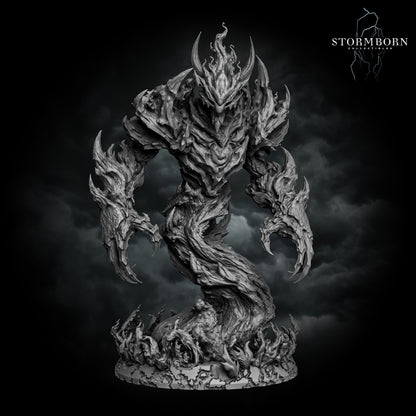 Front-right three-quarters render of the unpainted gray resin Fire Elemental miniature showing its swirling flame body and clawed hands.