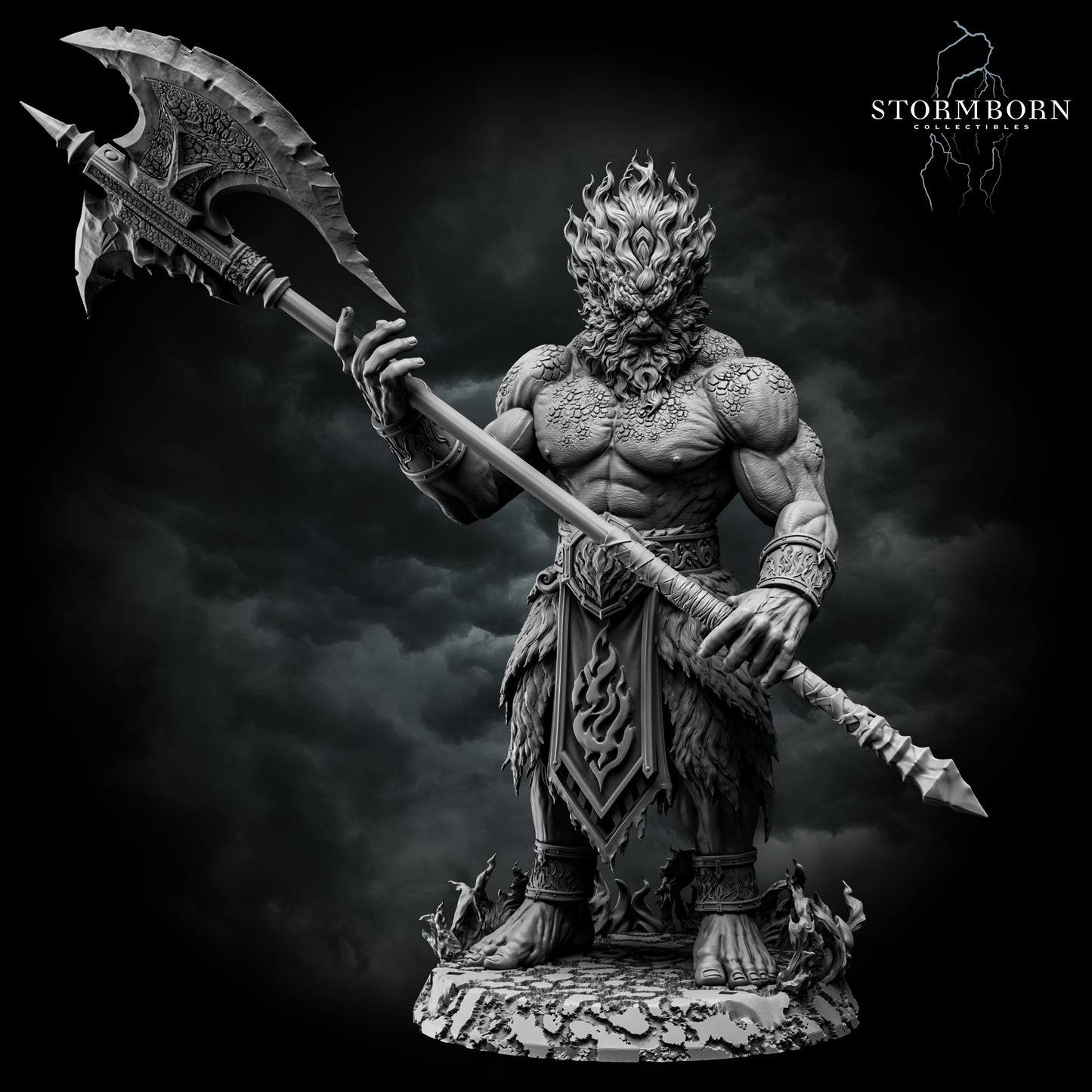 Fire Giant 32mm scale huge model resin miniature on 90mm base for TTRPGs by Stormborn Collectibles front view