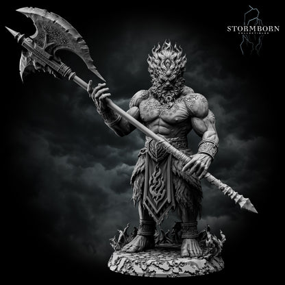 Fire Giant 32mm scale huge model resin miniature on 90mm base for TTRPGs by Stormborn Collectibles front view