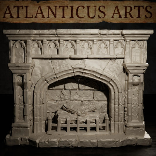 Close-up view of the Fireplace scatter terrain showing stone arch, hearth logs, and iron grate.
