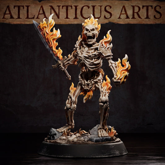 Front view render of Flaming Skeleton undead warrior with a flaming sword by Atlanticus Arts.