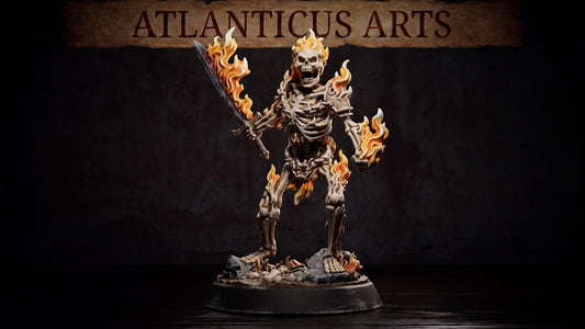 Full landscape render of Flaming Skeleton standing on a bone-littered base with fire engulfing its sword.