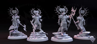 Flesh Carapace undead Death Knight miniatures in two poses featuring elaborate spiked armor, horned helmets, circular halos, and oversized bladed polearms.