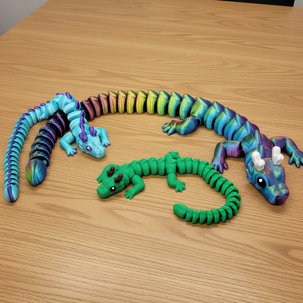 Three 3D printed articulated horned dragon toys displayed on a wood desk — a small blue and purple gradient dragon, a medium solid green dragon with brown horns, and a large blue-green-purple iridescent dragon with white horns