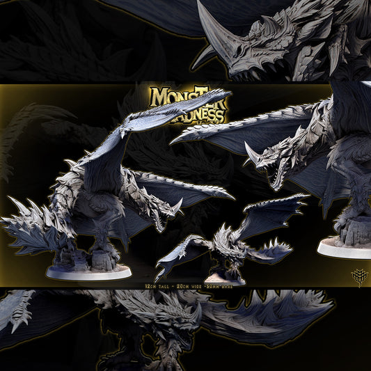 Forbidden Venom resin dragon miniature front view with jaws open, wings flared, standing on rocky 50mm base