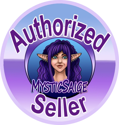 Authorized MysticSaige Seller badge featuring a purple-haired elf character with pointed ears, in a purple and blue circular design.