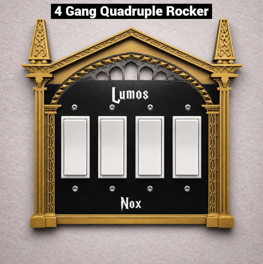 4 gang rocker wizard switch plate with custom decorative wall plate design for room decor. Shown in our Bronze Frame, Black Plate, and White Lumos and Nox Letters.