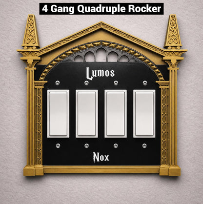 4 gang rocker wizard switch plate with custom decorative wall plate design for room decor. Shown in our Bronze Frame, Black Plate, and White Lumos and Nox Letters.