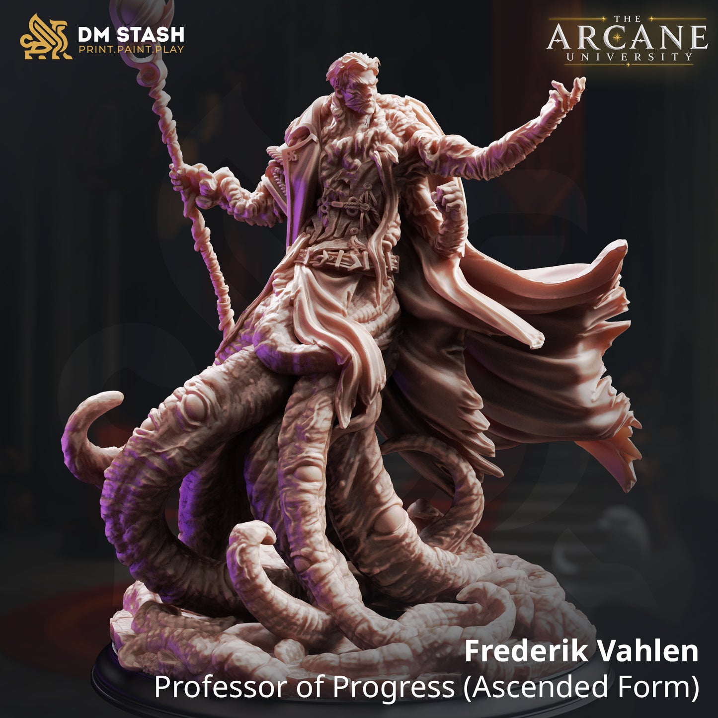 A 3D-rendered dark fantasy aberration resin miniature titled "Frederik Vahlen - Professor of Progress (Ascended Form)" by DM Stash. The mutated scholar has a mass of thick tentacles for a lower body, multiple arms casting spells, and holds an arcane staff while wearing a tattered cloak.