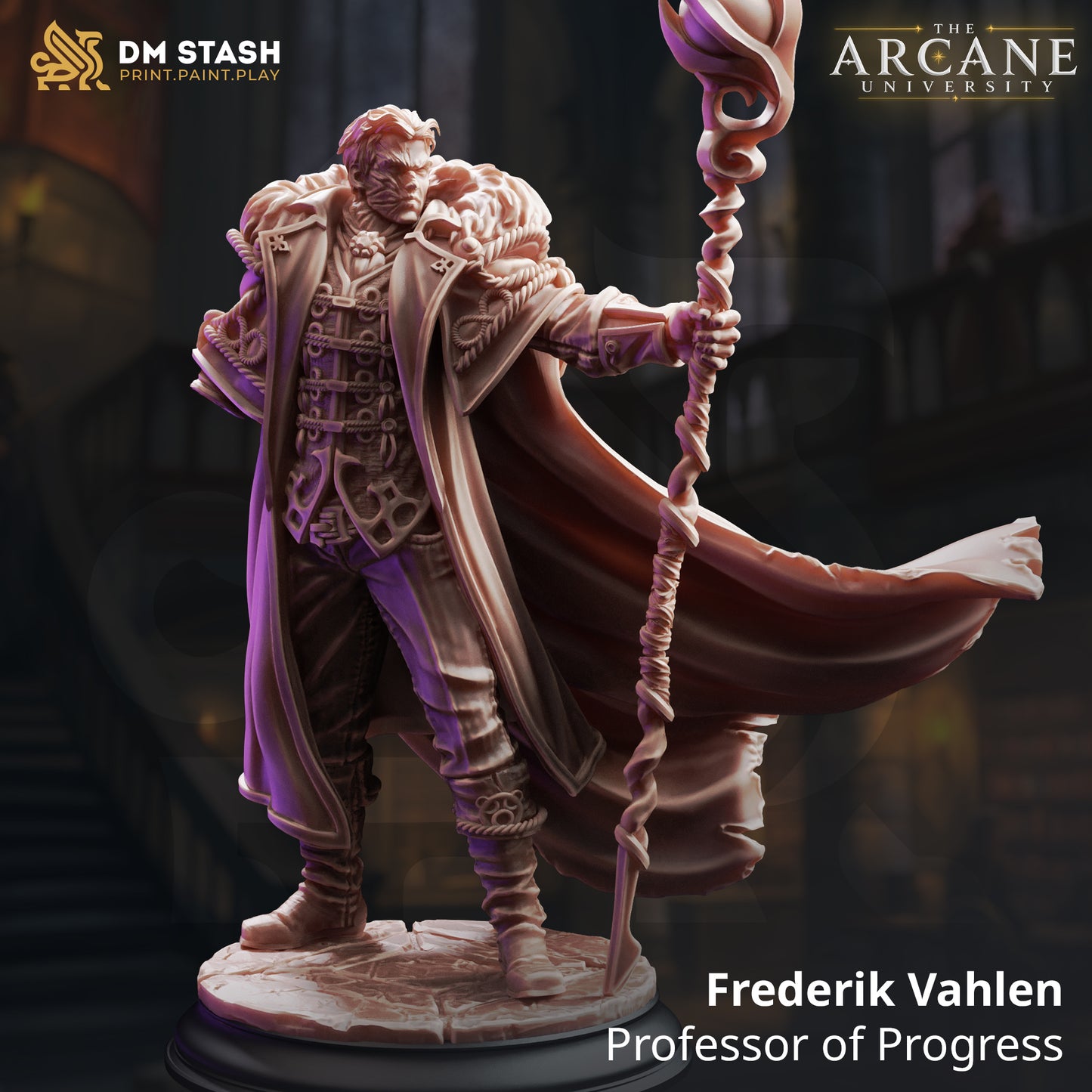 A 3D-rendered fantasy wizard resin miniature titled "Frederik Vahlen - Professor of Progress" by DM Stash. The male scholar stands proudly on a stone tile base wearing a fur-lined academic coat and cape while holding a large spiral arcane staff.