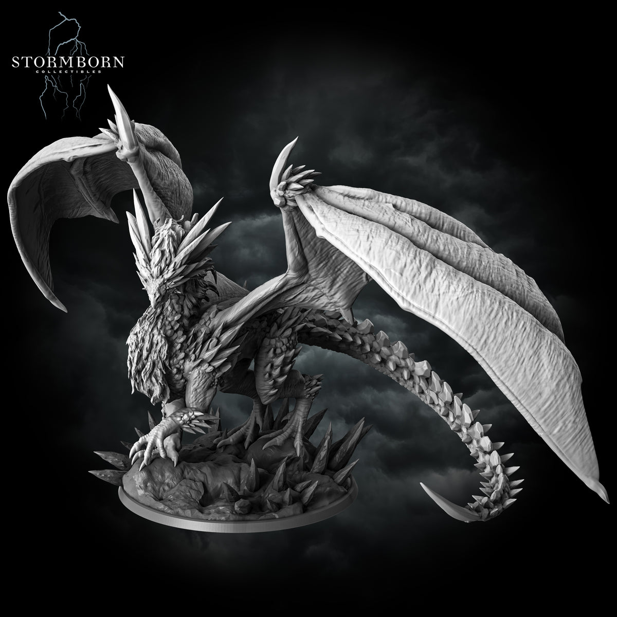 Elevated front angle of the Gargantuan Frost Dragon displaying full wingspan and icy base details by Stormborn Collectibles.