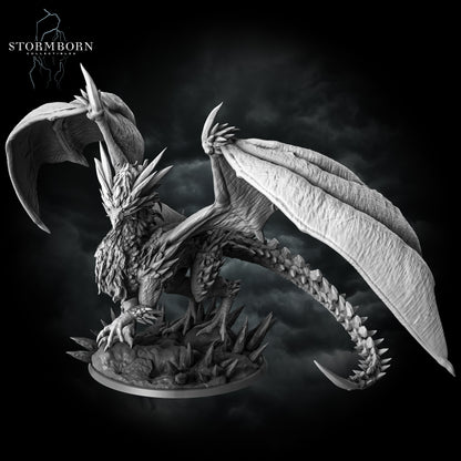 Elevated front angle of the Gargantuan Frost Dragon displaying full wingspan and icy base details by Stormborn Collectibles.