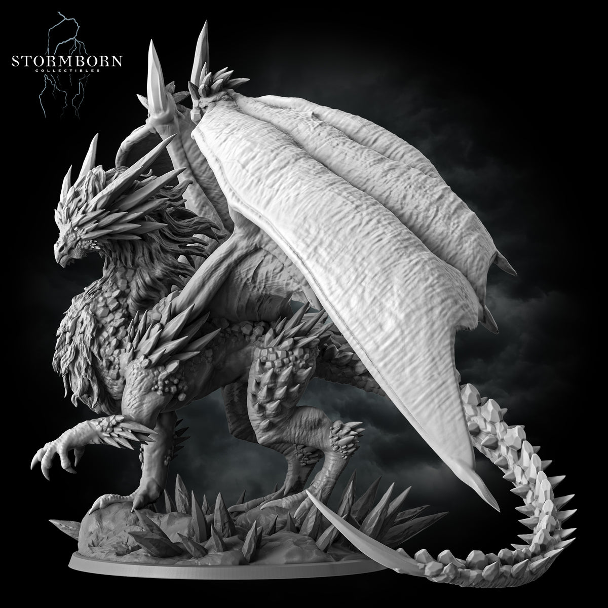 Left side three-quarter angle of the Frost Dragon showcasing its sprawling tail and thick wing membrane by Stormborn Collectibles.