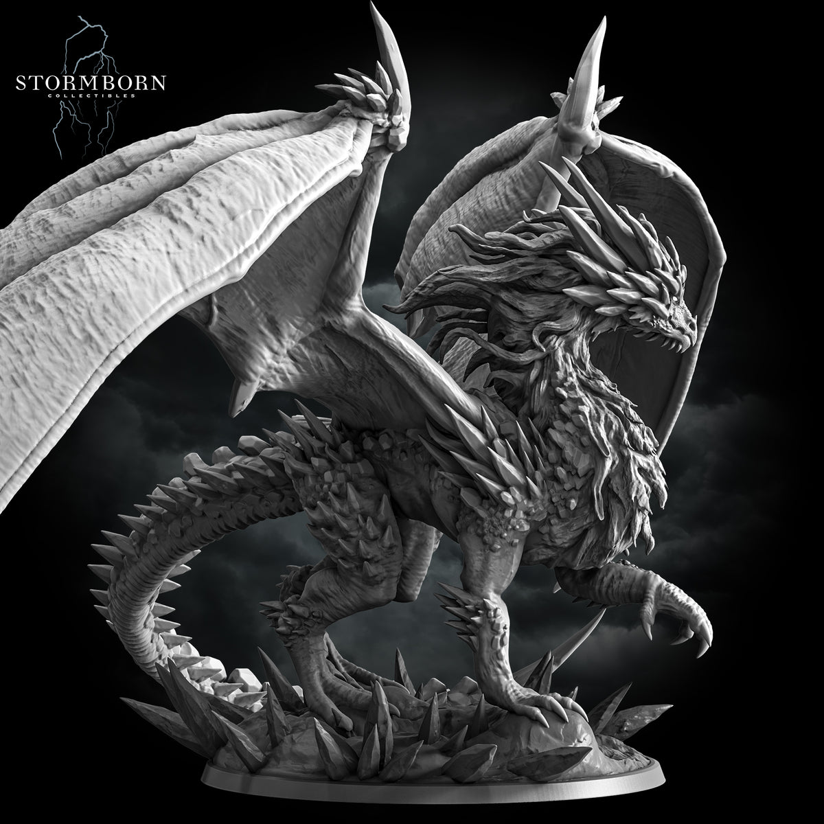 Close profile view of the Frost Dragon highlighting crystallised back scales and wing structure by Stormborn Collectibles.