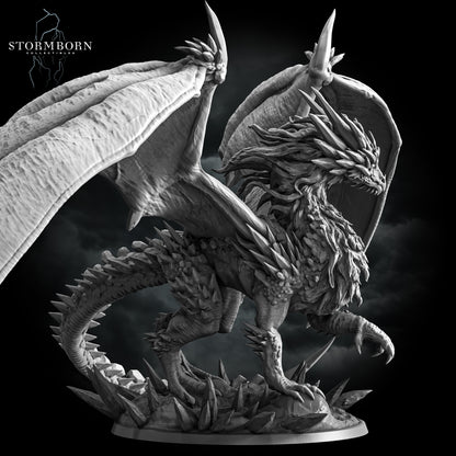 Close profile view of the Frost Dragon highlighting crystallised back scales and wing structure by Stormborn Collectibles.