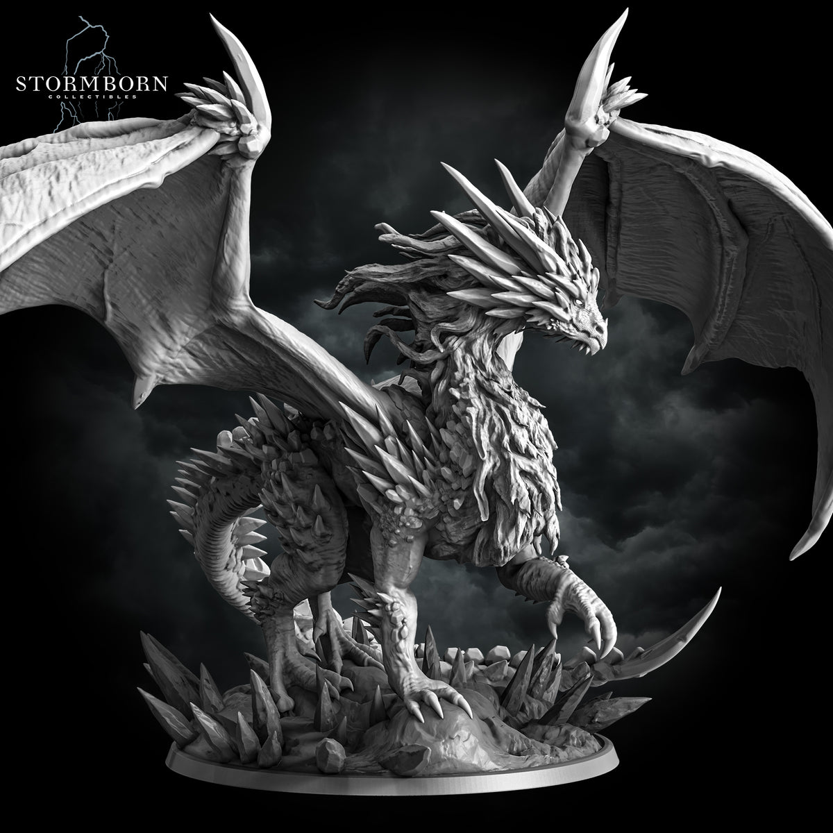 Right three-quarter view of the Gargantuan Frost Dragon resin miniature perched on an ice crystal base by Stormborn Collectibles.