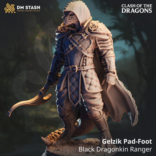 Front render view of the unpainted resin Gelzik Pad-Foot Black Dragonkin Ranger miniature wearing a hooded cloak and holding a curved bow on a scenic base.