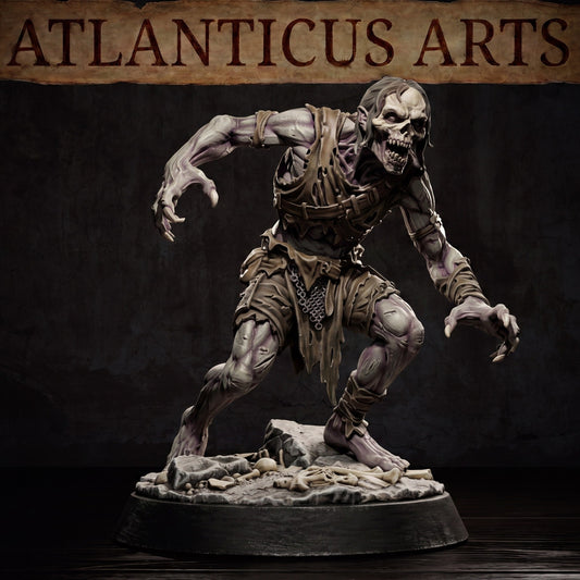 Full landscape view render of Ghoul undead scavenger crouching on a bone-covered rock base by Atlanticus Arts.