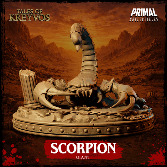 Front view of the Giant Scorpion showing its large pincers, fangs, armored body, legs, and raised stinger.