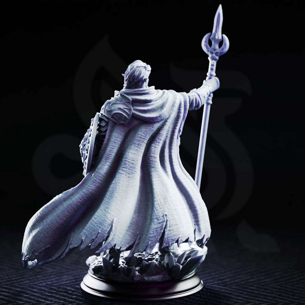 Rear view of Glydnos showing flowing cape, layered pauldrons, and back of long spear shaft. Available in 32mm and 75mm scales.