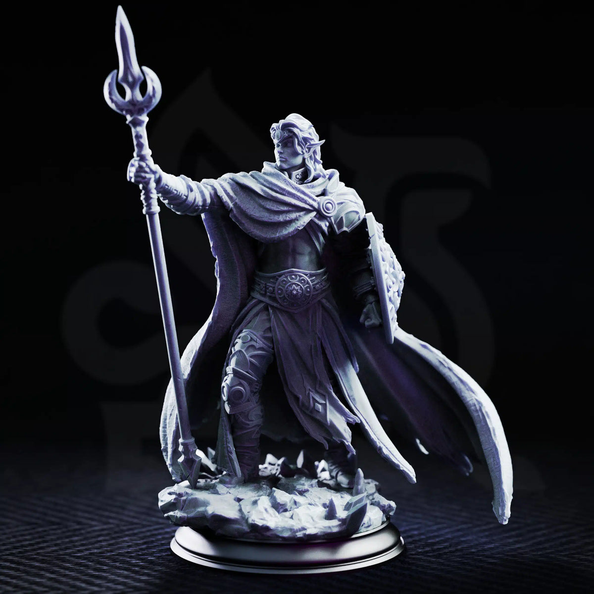 Front view of Glydnos Drow Paladin featuring ornate shield, circlet headpiece, and medium armor. Designed for compatible use with Dungeons & Dragons 5e and Pathfinder 2e TTRPGs.