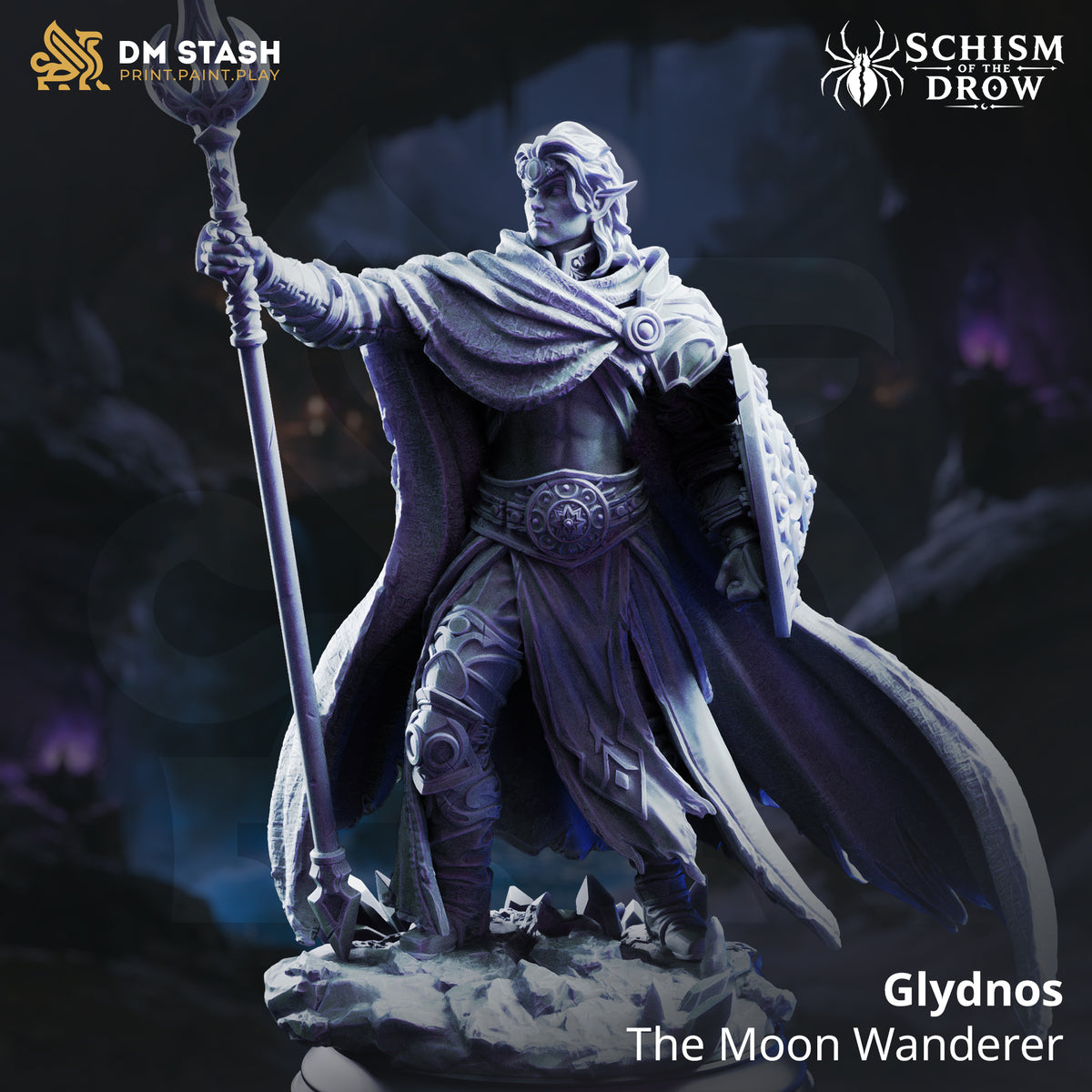 Studio render of Glydnos Drow Paladin resin miniature holding a spear and shield on a crystal base compatible with D&D 5e, Pathfinder 2e, and other popular TTRPGs.