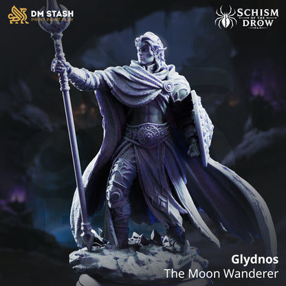 Studio render of Glydnos Drow Paladin resin miniature holding a spear and shield on a crystal base compatible with D&D 5e, Pathfinder 2e, and other popular TTRPGs.