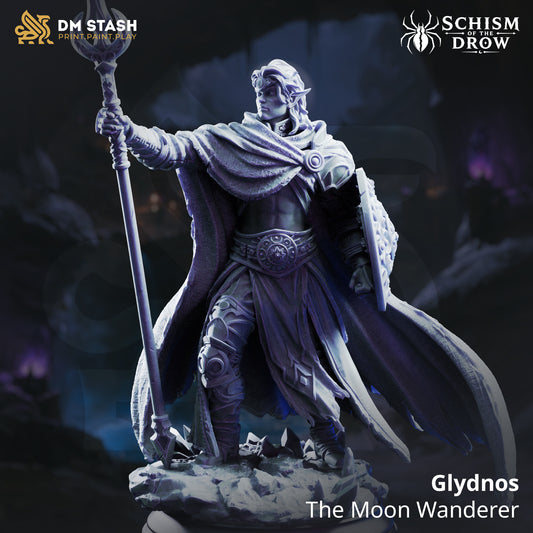 Studio render of Glydnos Drow Paladin resin miniature holding a spear and shield on a crystal base compatible with D&D 5e, Pathfinder 2e, and other popular TTRPGs.