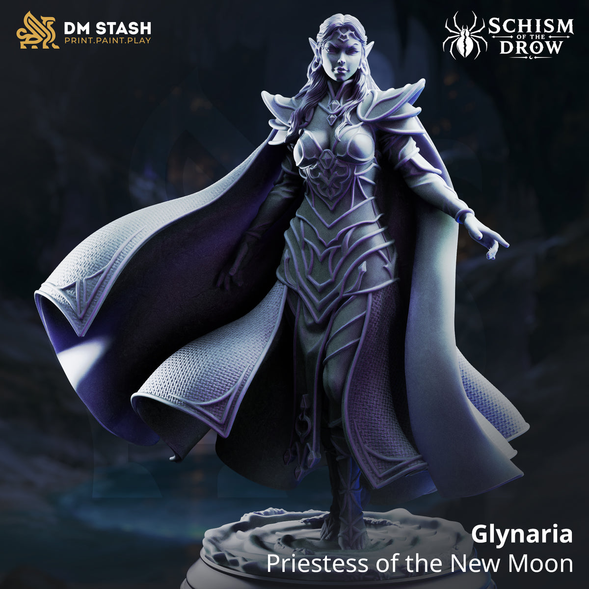 Glynaria Drow sorcerer miniature wearing layered armor and a sweeping cloak with one hand extended over a scenic base