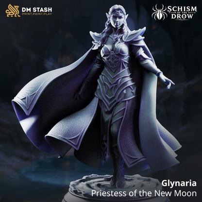 Glynaria Drow sorcerer miniature wearing layered armor and a sweeping cloak with one hand extended over a scenic base