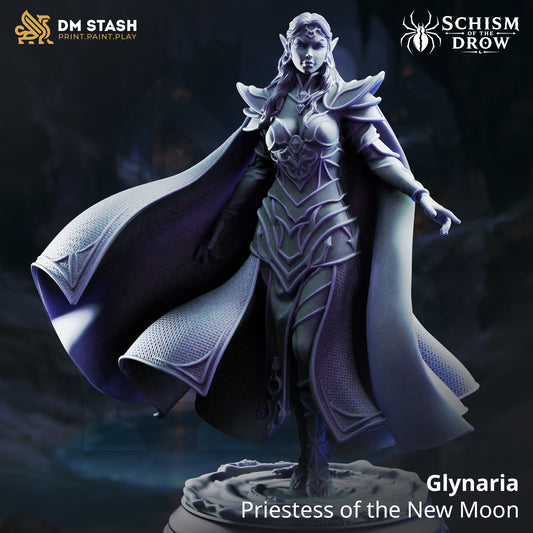 Glynaria Drow sorcerer miniature wearing layered armor and a sweeping cloak with one hand extended over a scenic base