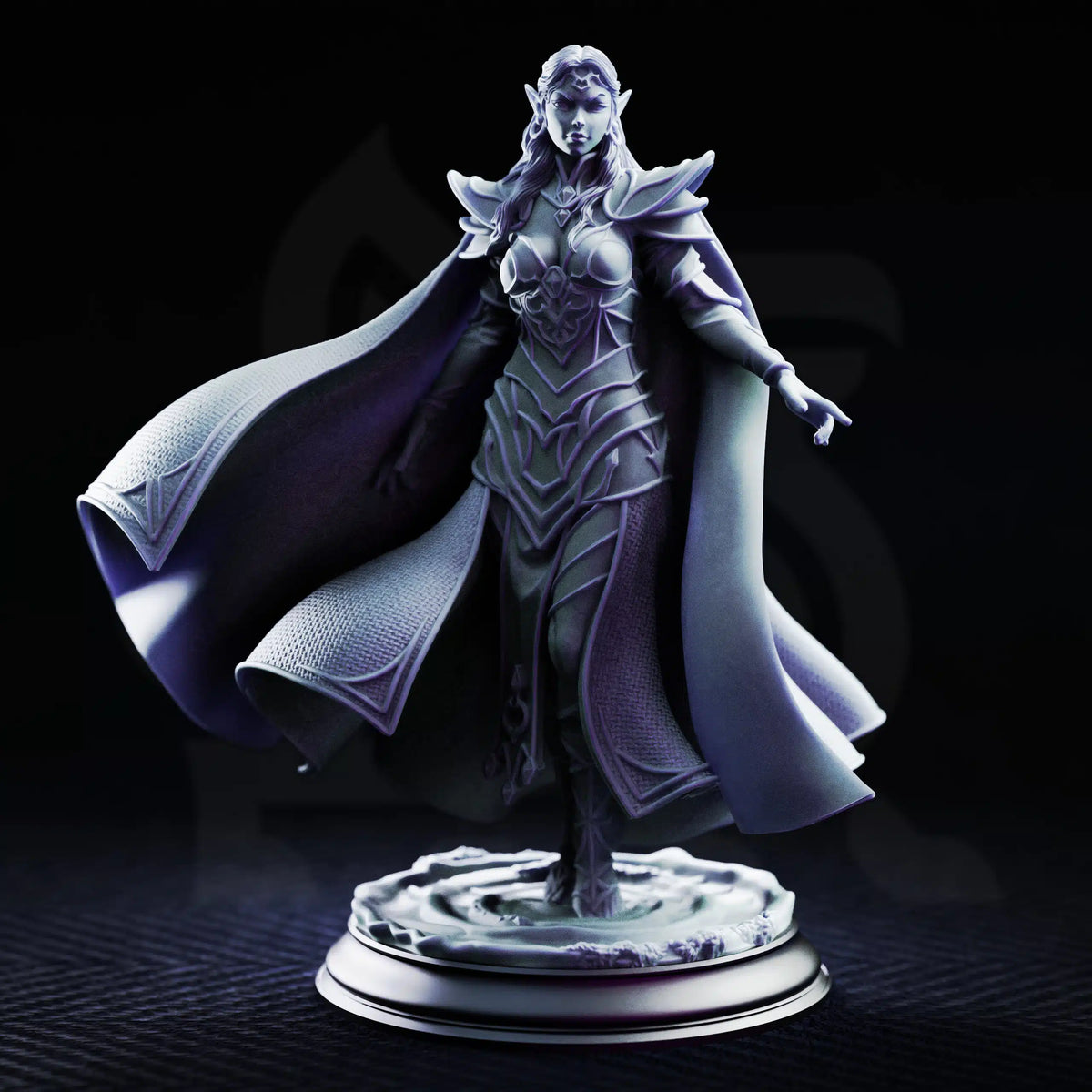Front view of Glynaria Drow sorcerer resin miniature with ornate armor, flowing cloak, extended hand, and scenic base
