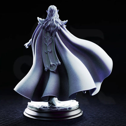 Rear view of Glynaria Drow sorcerer miniature showing long hair, layered shoulder armor, and a wide textured cloak
