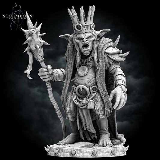 Hero shot render of the Goblin King holding a spiked staff by Stormborn Collectibles.