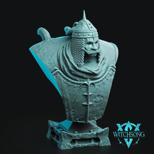 God’s Puppet Construct display bust showing its armored head, heavy torso plating, and patchwork construction.