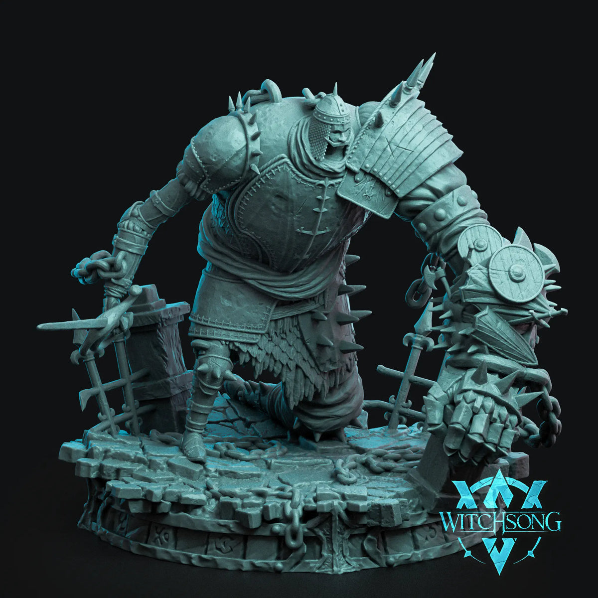 God’s Puppet Huge Construct miniature with patchwork armor, massive amalgamated arm, chains, and divine blade.
